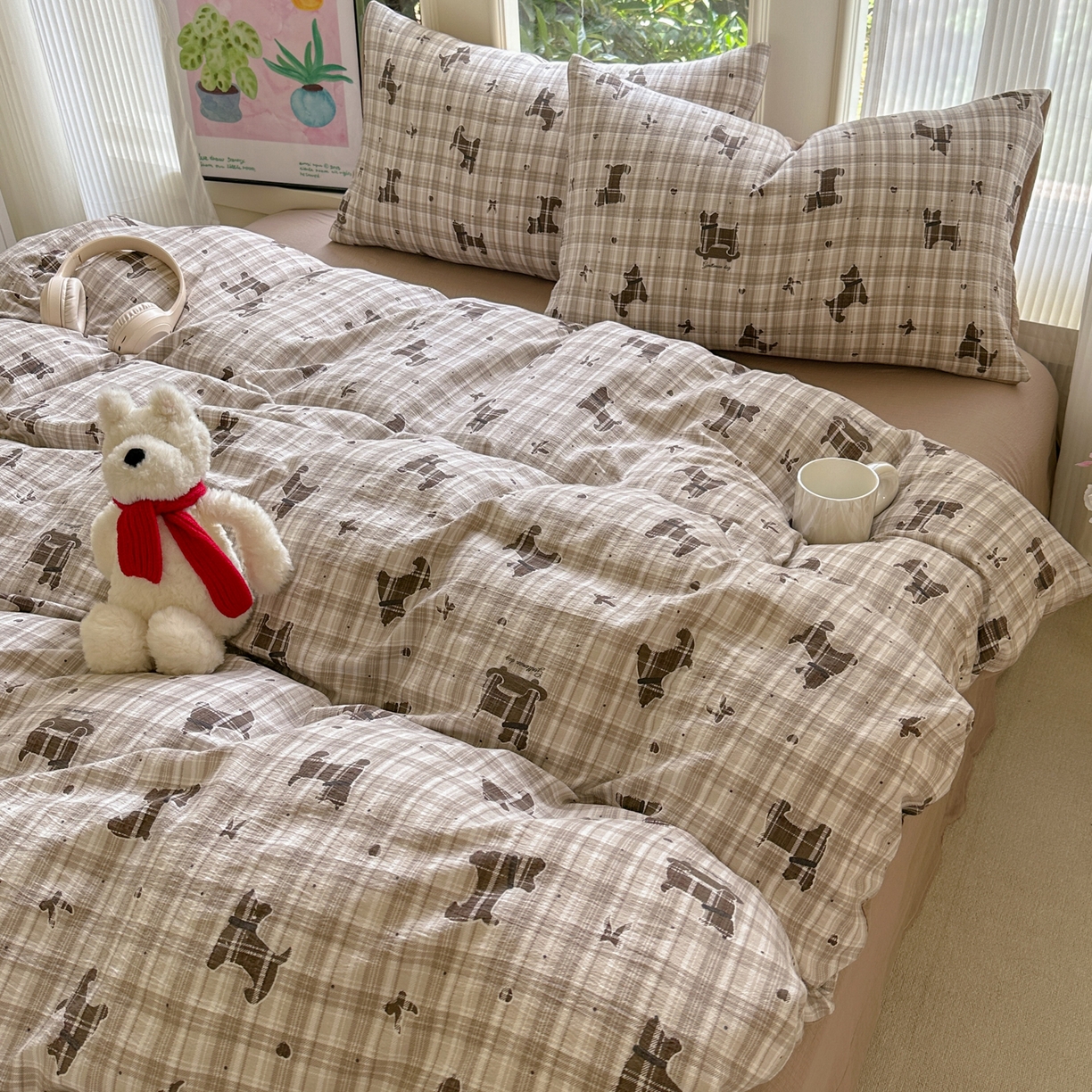 91家纺网 家纺一手货源 找家纺 桔禾家纺 2025新款小清新水洗棉有氧双层纱印花云感木棉皱皱纱四件套 巧克力饼干