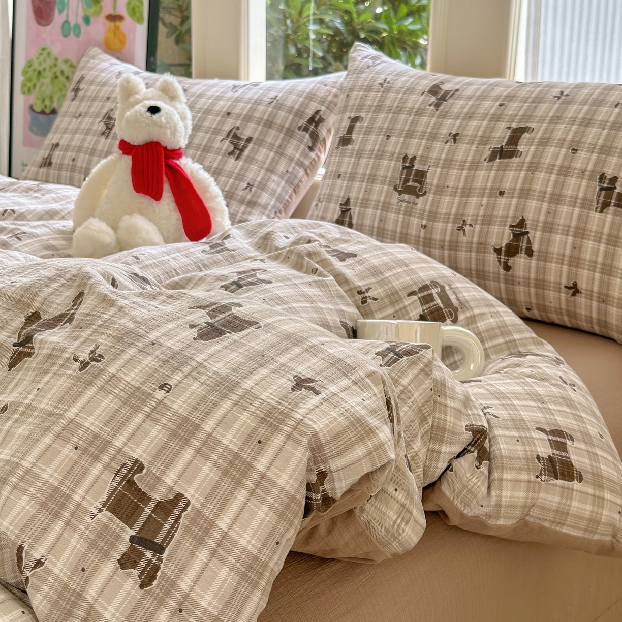 91家纺网 家纺一手货源 找家纺 桔禾家纺 2025新款小清新水洗棉有氧双层纱印花云感木棉皱皱纱四件套 巧克力饼干