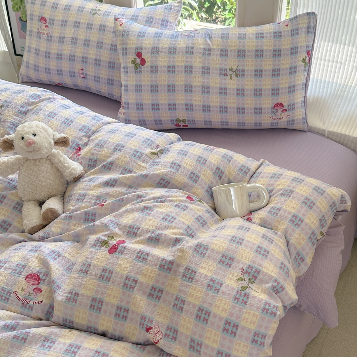 91家纺网 家纺一手货源 找家纺 桔禾家纺 2025新款小清新水洗棉有氧双层纱印花云感木棉皱皱纱四件套 樱桃紫