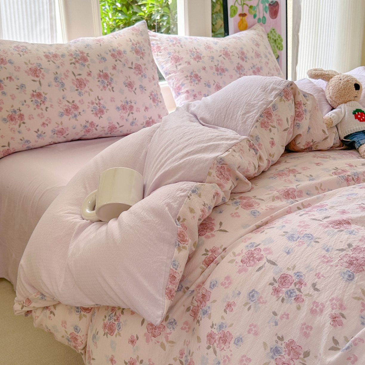 91家纺网 家纺一手货源 找家纺 桔禾家纺 2025新款小清新水洗棉有氧双层纱印花云感木棉皱皱纱四件套 芳华