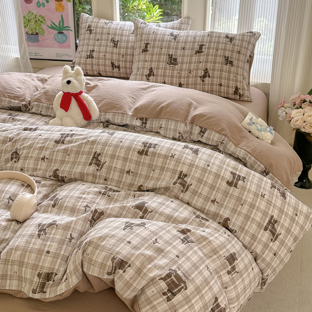 91家纺网 家纺一手货源 找家纺 桔禾家纺 2025新款小清新水洗棉有氧双层纱印花云感木棉皱皱纱四件套 巧克力饼干