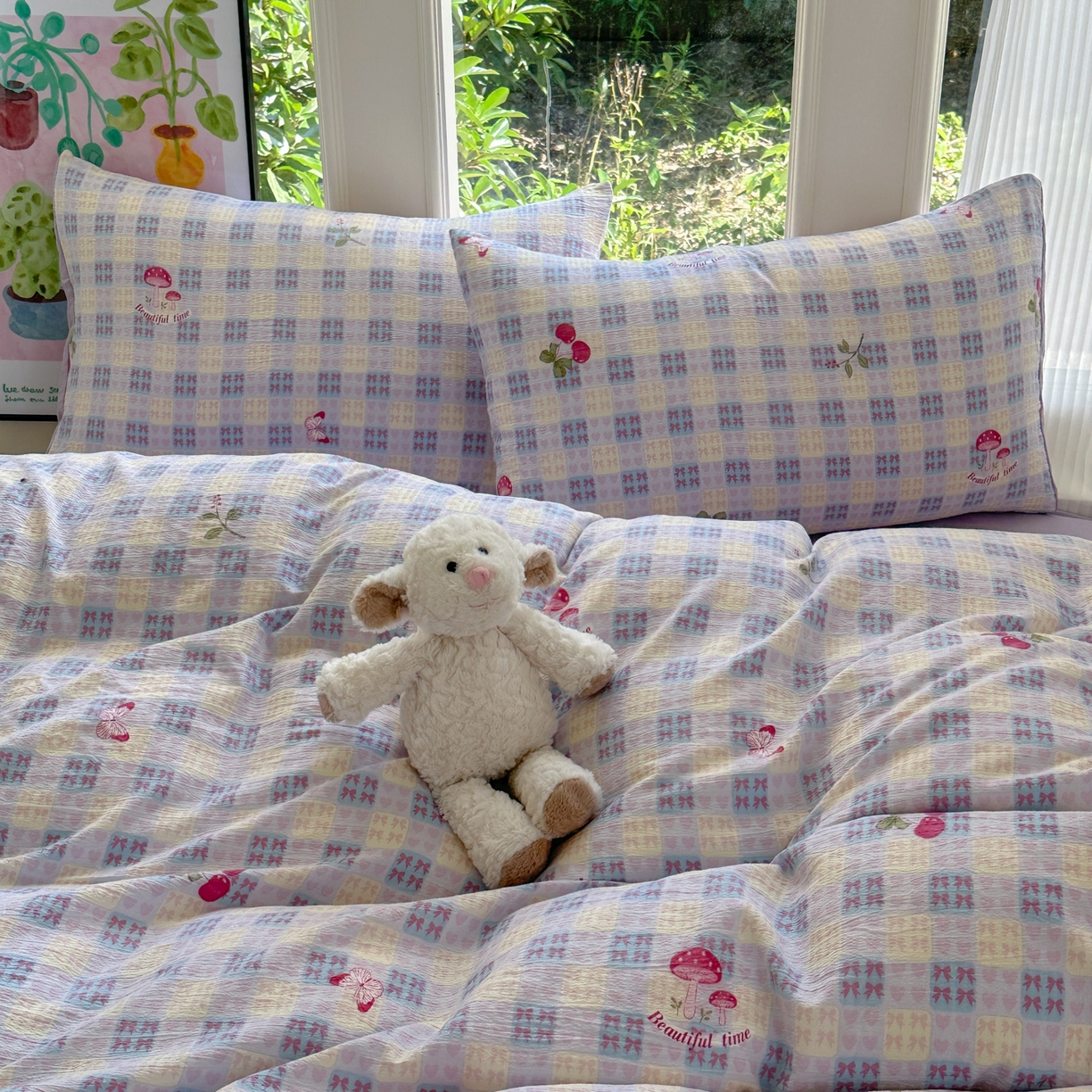 91家纺网 家纺一手货源 找家纺 桔禾家纺 2025新款小清新水洗棉有氧双层纱印花云感木棉皱皱纱四件套 樱桃紫