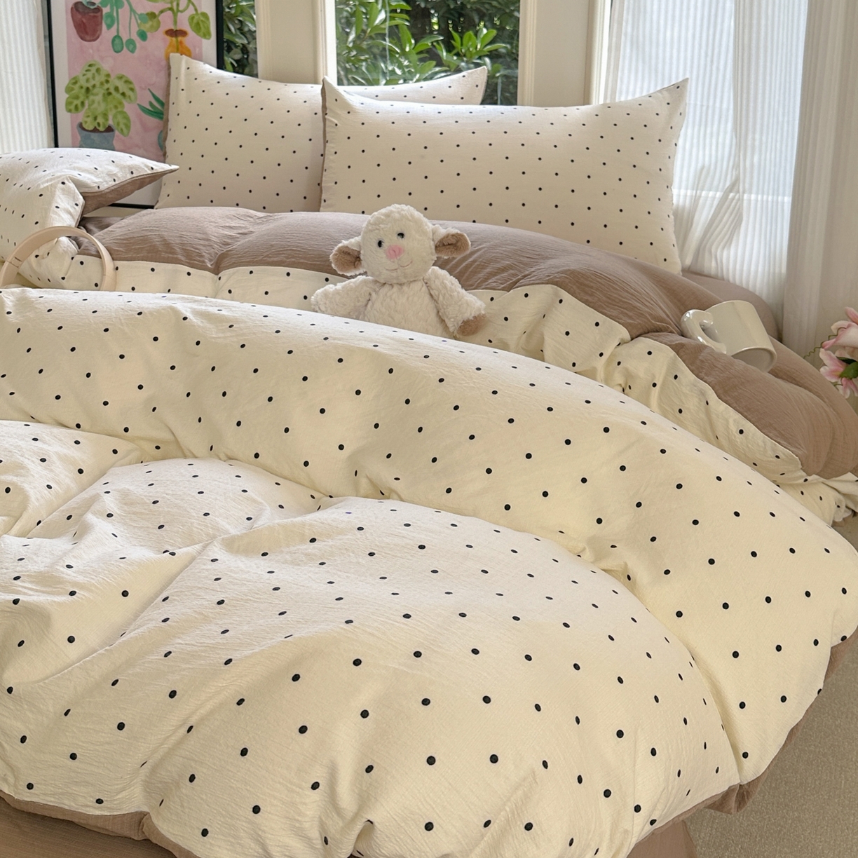 91家纺网 家纺一手货源 找家纺 桔禾家纺 2025新款小清新水洗棉有氧双层纱印花云感木棉皱皱纱四件套 小确幸