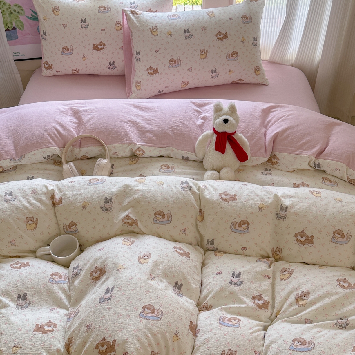 91家纺网 家纺一手货源 找家纺 桔禾家纺 2025新款小清新水洗棉有氧双层纱印花云感木棉皱皱纱四件套 萌宠格子铺