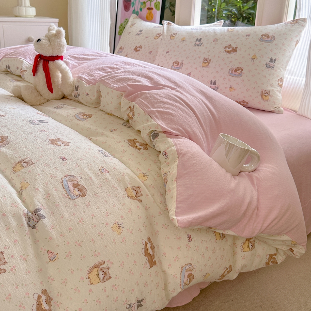 91家纺网 家纺一手货源 找家纺 桔禾家纺 2025新款小清新水洗棉有氧双层纱印花云感木棉皱皱纱四件套 萌宠格子铺