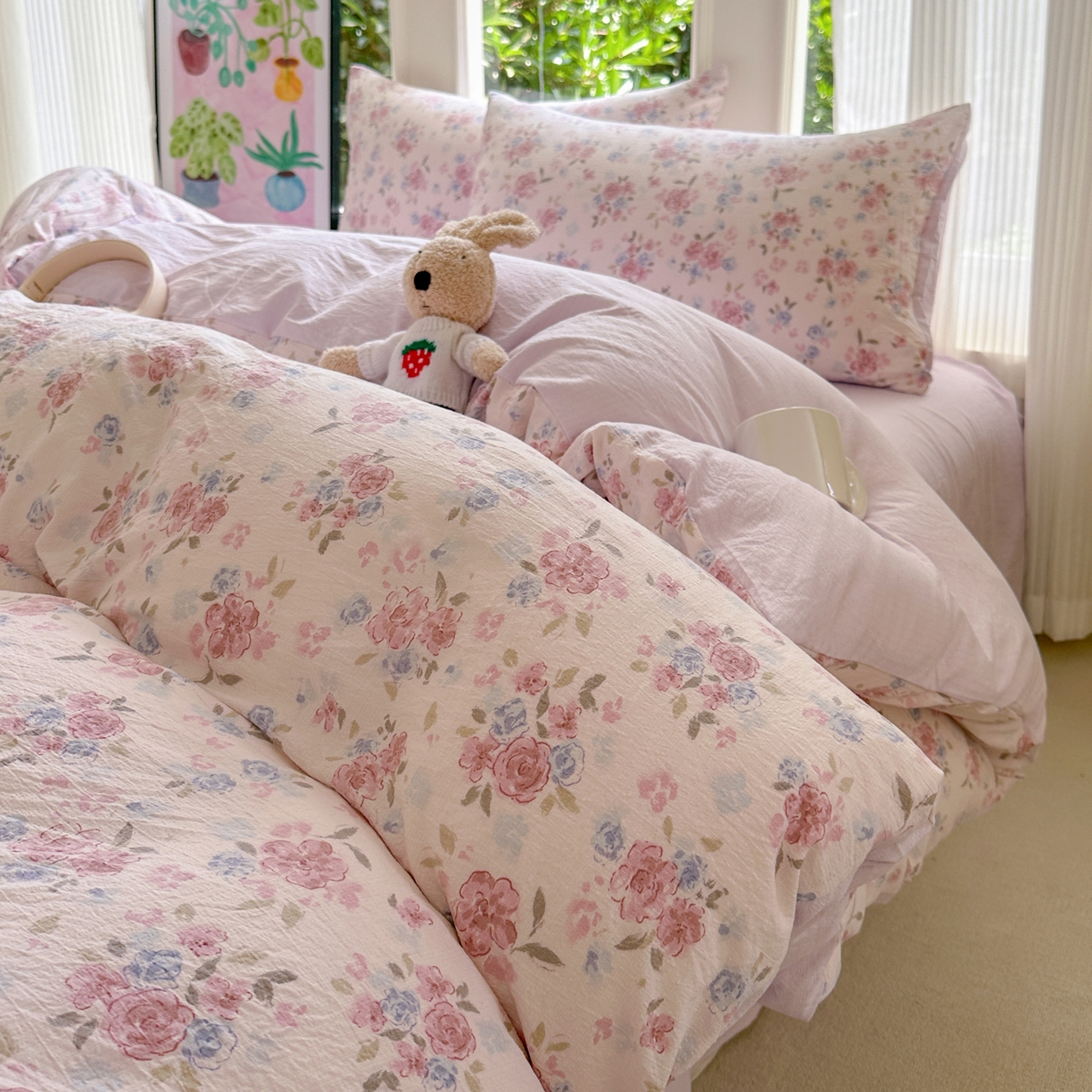 91家纺网 家纺一手货源 找家纺 桔禾家纺 2025新款小清新水洗棉有氧双层纱印花云感木棉皱皱纱四件套 芳华