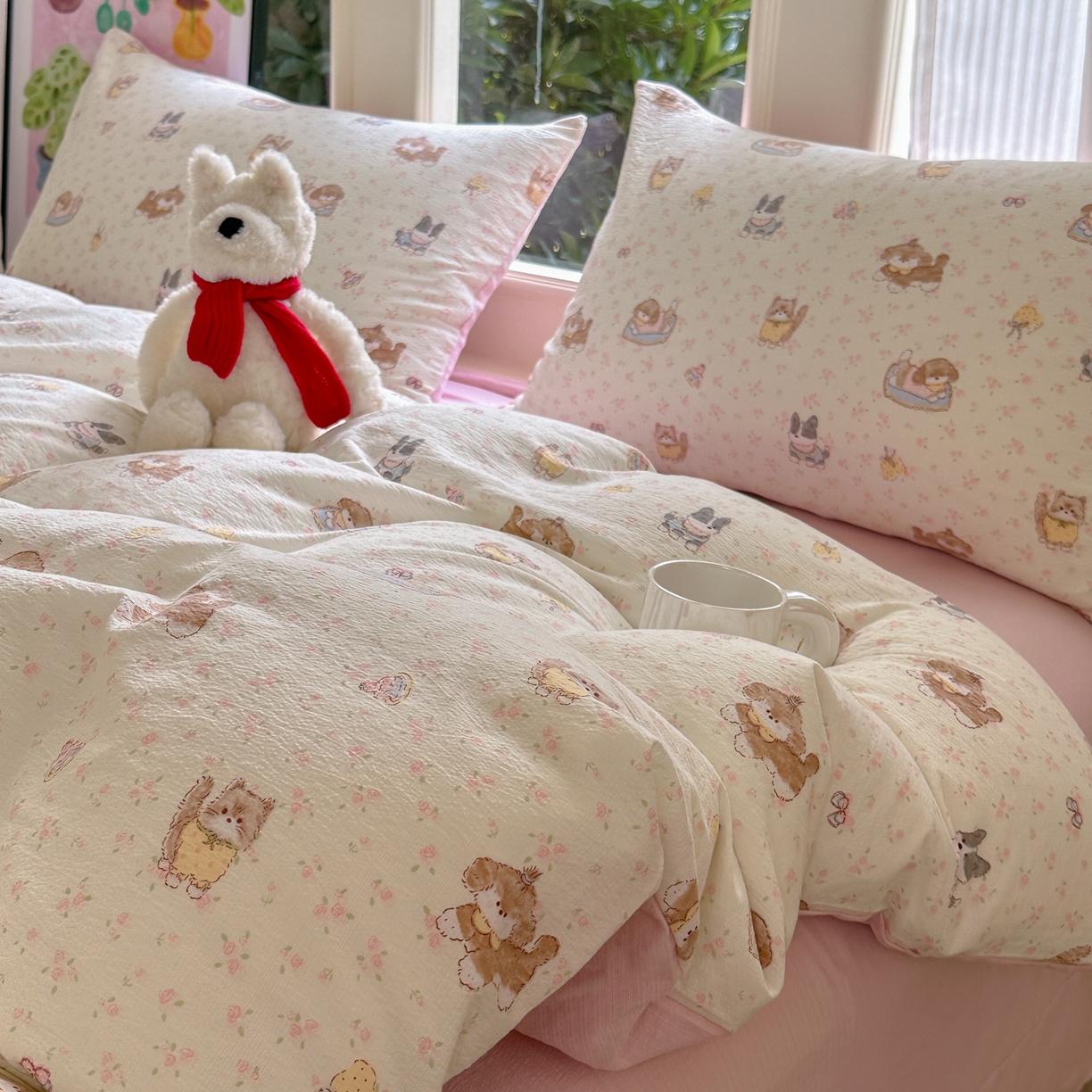 91家纺网 家纺一手货源 找家纺 桔禾家纺 2025新款小清新水洗棉有氧双层纱印花云感木棉皱皱纱四件套 萌宠格子铺