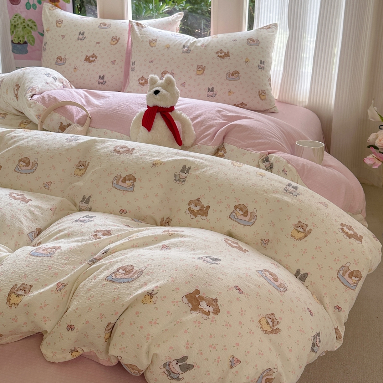 91家纺网 家纺一手货源 找家纺 桔禾家纺 2025新款小清新水洗棉有氧双层纱印花云感木棉皱皱纱四件套 萌宠格子铺