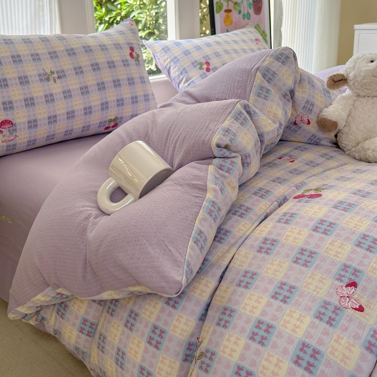 91家纺网 家纺一手货源 找家纺 桔禾家纺 2025新款小清新水洗棉有氧双层纱印花云感木棉皱皱纱四件套 樱桃紫