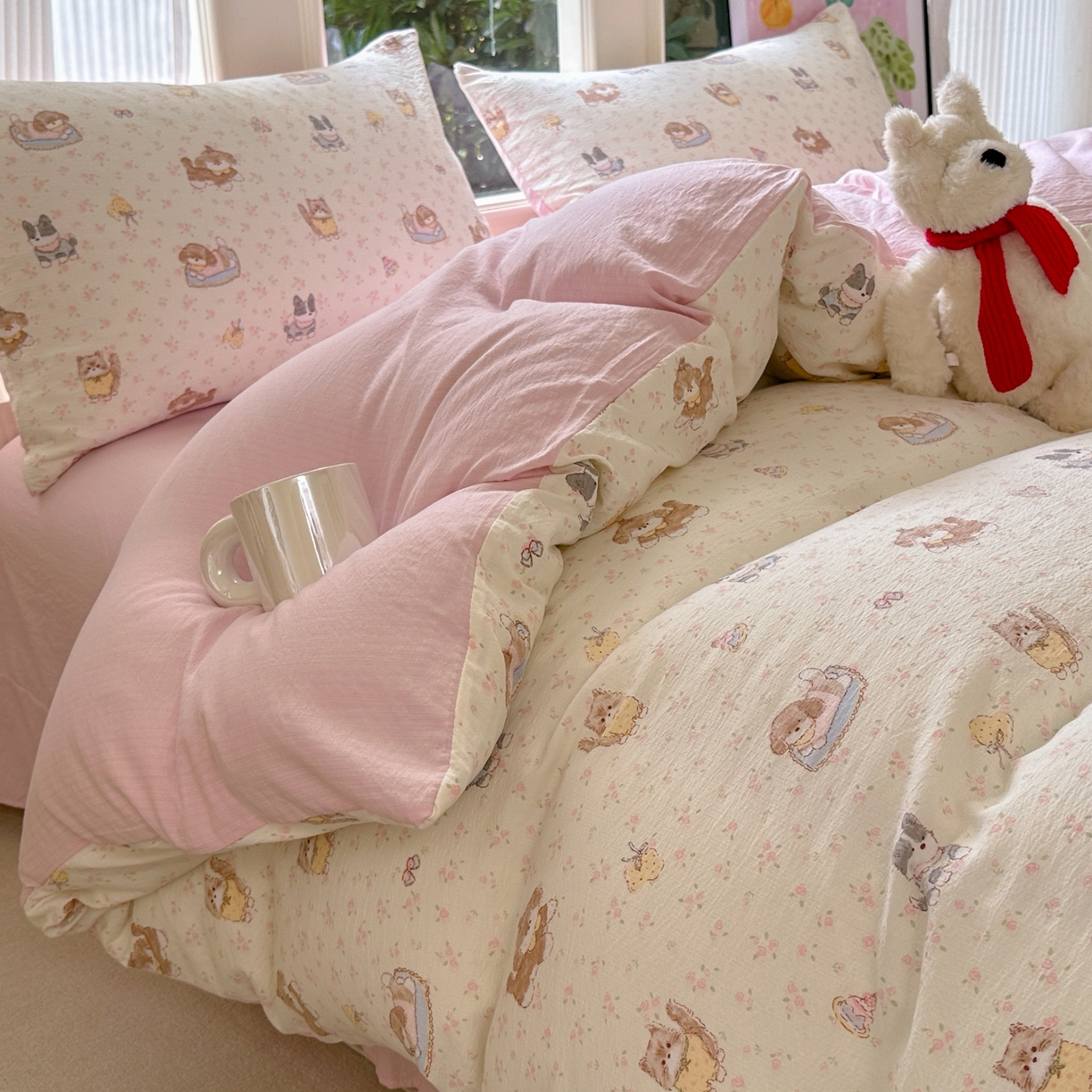 91家纺网 家纺一手货源 找家纺 桔禾家纺 2025新款小清新水洗棉有氧双层纱印花云感木棉皱皱纱四件套 萌宠格子铺