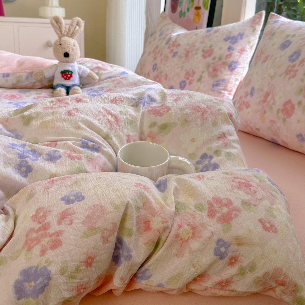 91家纺网 家纺一手货源 找家纺 桔禾家纺 2025新款小清新水洗棉有氧双层纱印花云感木棉皱皱纱四件套 春晓