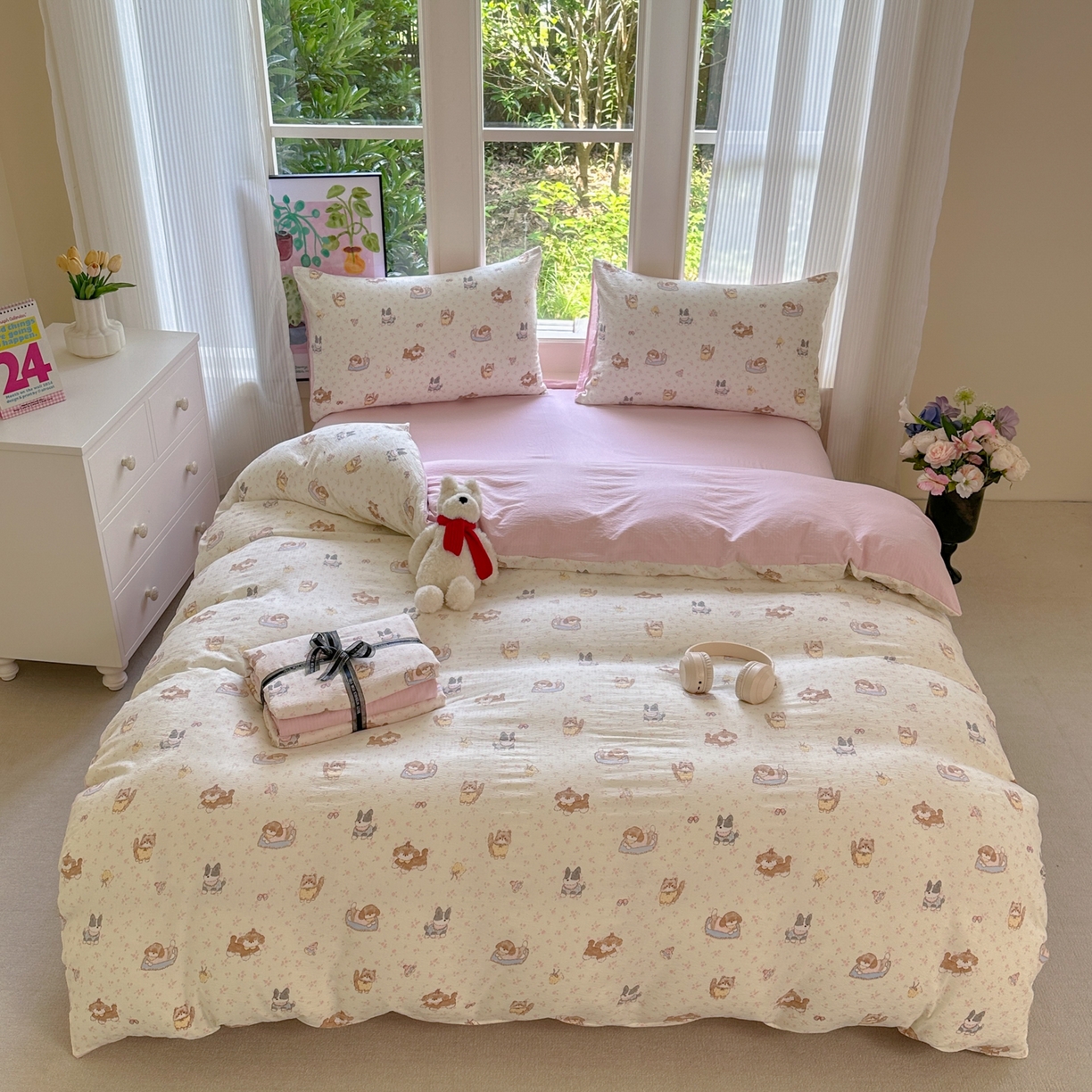 91家纺网 家纺一手货源 找家纺 桔禾家纺 2025新款小清新水洗棉有氧双层纱印花云感木棉皱皱纱四件套 萌宠格子铺