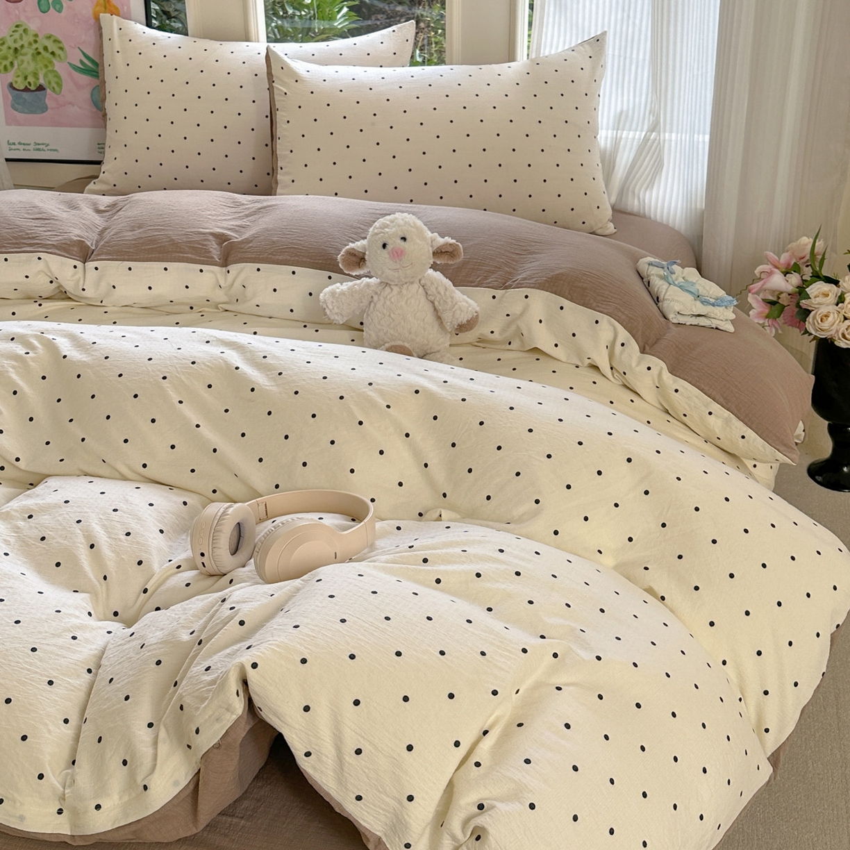 91家纺网 家纺一手货源 找家纺 桔禾家纺 2025新款小清新水洗棉有氧双层纱印花云感木棉皱皱纱四件套 小确幸