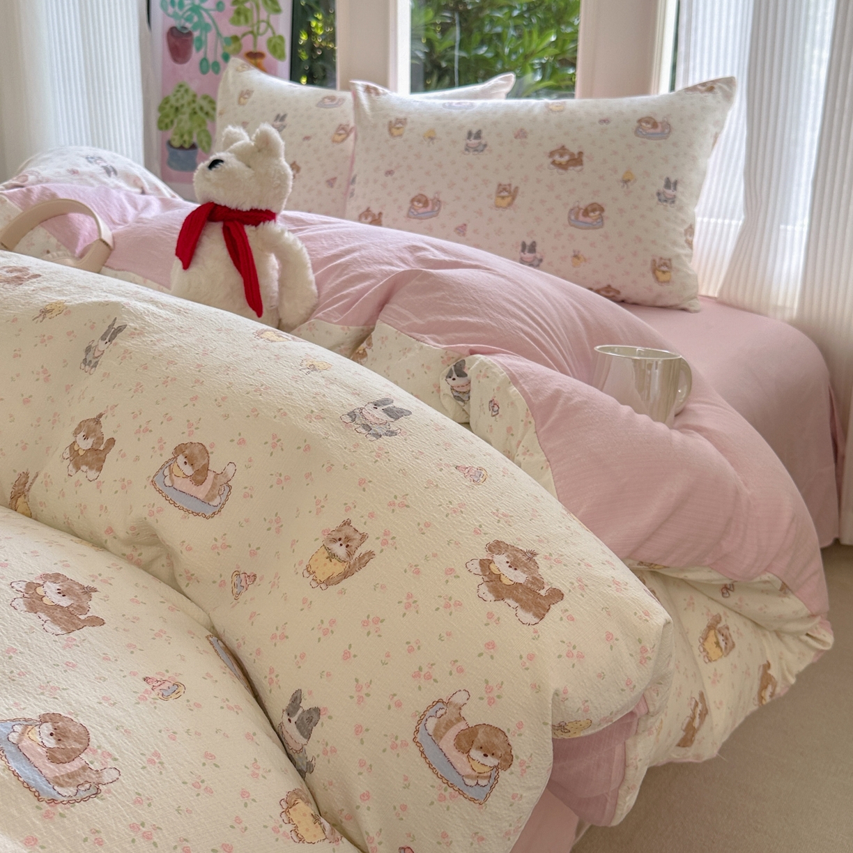 91家纺网 家纺一手货源 找家纺 桔禾家纺 2025新款小清新水洗棉有氧双层纱印花云感木棉皱皱纱四件套 萌宠格子铺