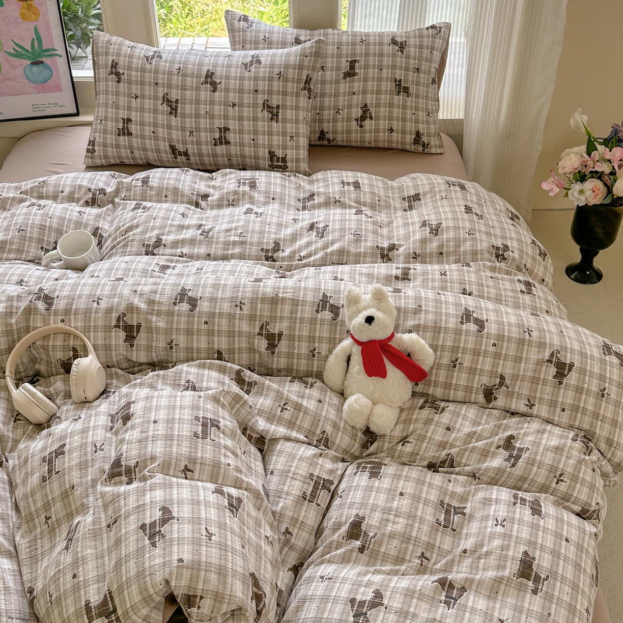 91家纺网 家纺一手货源 找家纺 桔禾家纺 2025新款小清新水洗棉有氧双层纱印花云感木棉皱皱纱四件套 巧克力饼干