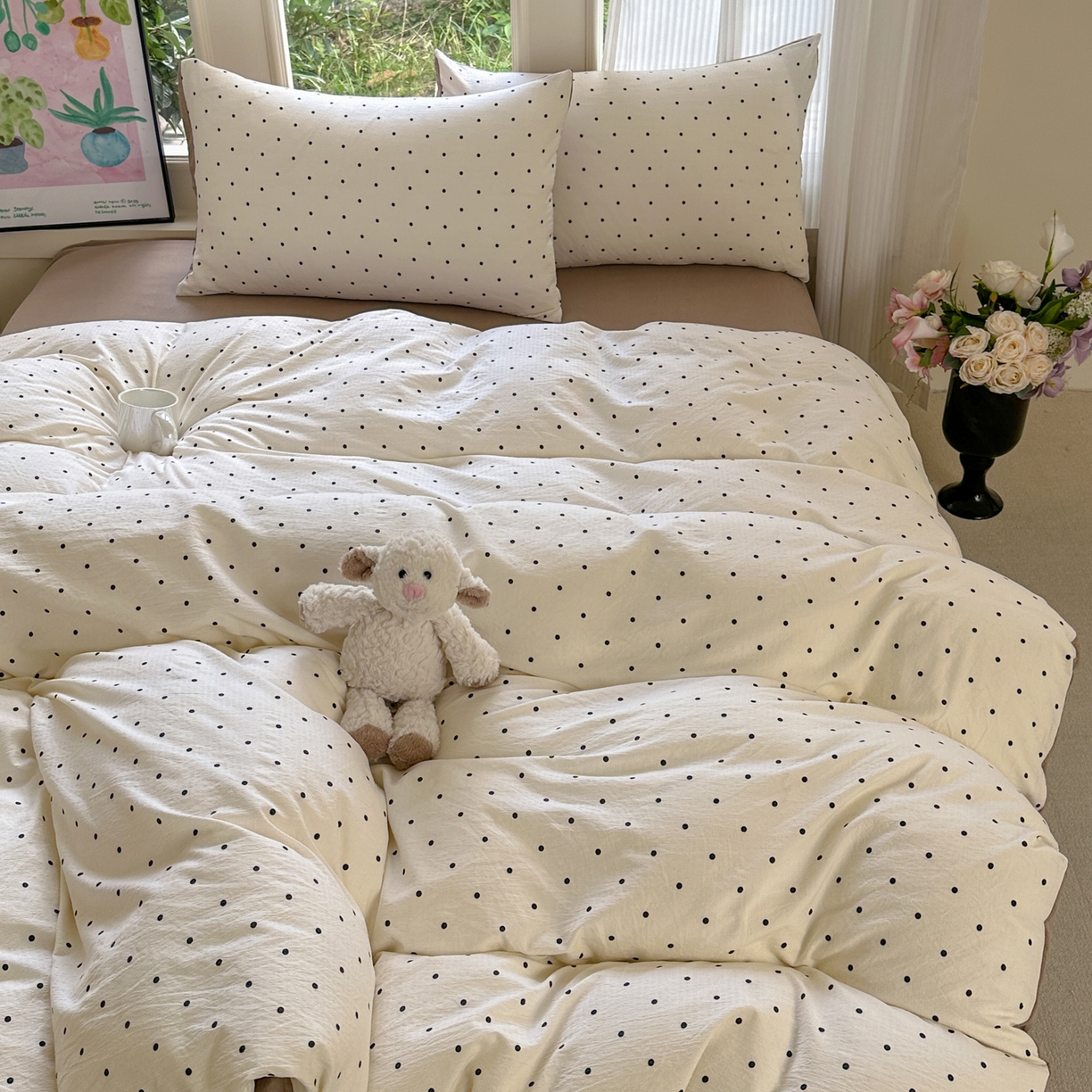 91家纺网 家纺一手货源 找家纺 桔禾家纺 2025新款小清新水洗棉有氧双层纱印花云感木棉皱皱纱四件套 小确幸