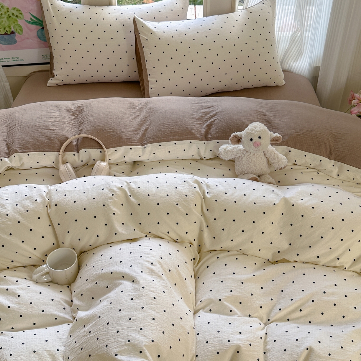 91家纺网 家纺一手货源 找家纺 桔禾家纺 2025新款小清新水洗棉有氧双层纱印花云感木棉皱皱纱四件套 小确幸