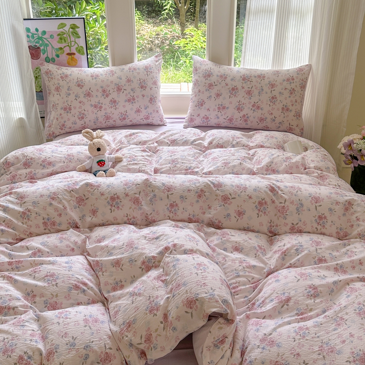 91家纺网 家纺一手货源 找家纺 桔禾家纺 2025新款小清新水洗棉有氧双层纱印花云感木棉皱皱纱四件套 芳华