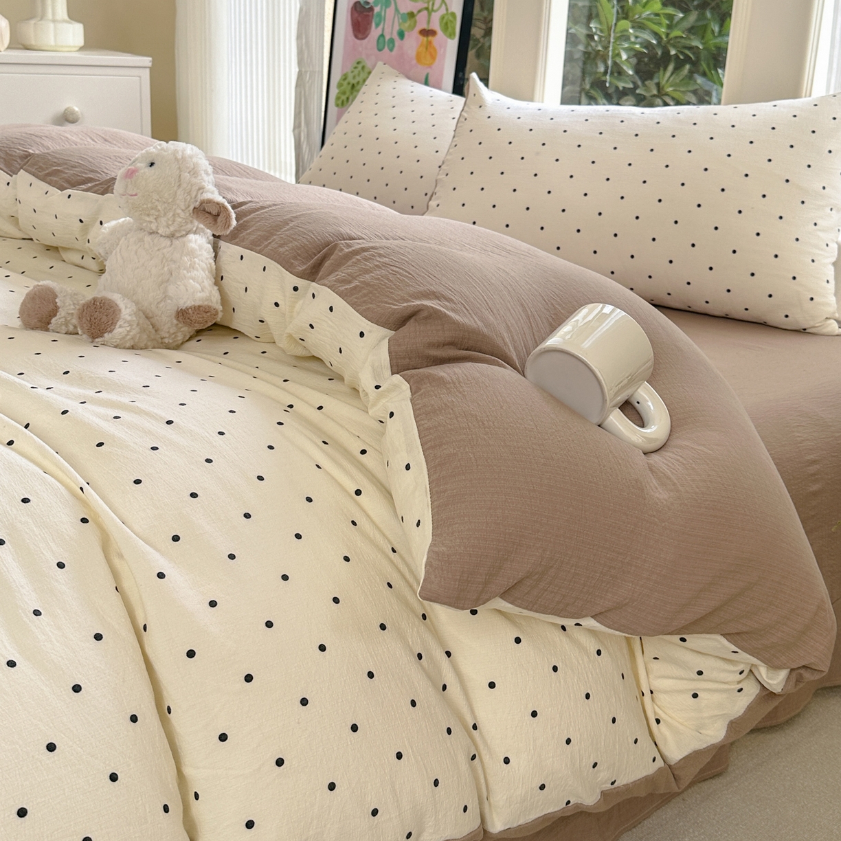 91家纺网 家纺一手货源 找家纺 桔禾家纺 2025新款小清新水洗棉有氧双层纱印花云感木棉皱皱纱四件套 小确幸