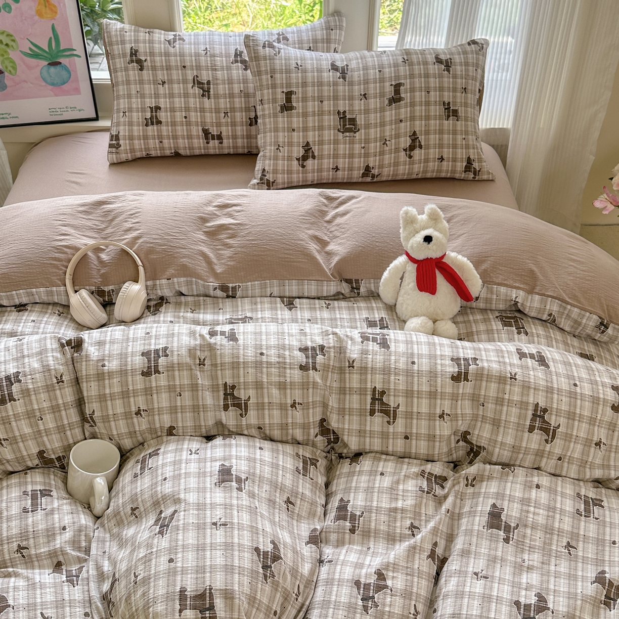 91家纺网 家纺一手货源 找家纺 桔禾家纺 2025新款小清新水洗棉有氧双层纱印花云感木棉皱皱纱四件套 巧克力饼干