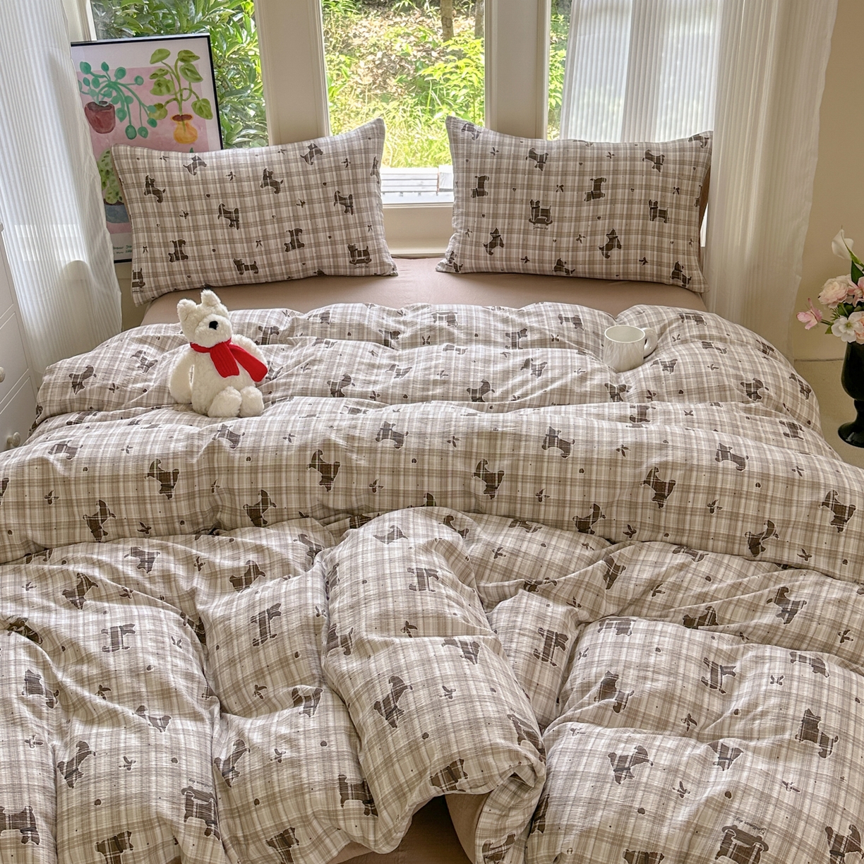 91家纺网 家纺一手货源 找家纺 桔禾家纺 2025新款小清新水洗棉有氧双层纱印花云感木棉皱皱纱四件套 巧克力饼干