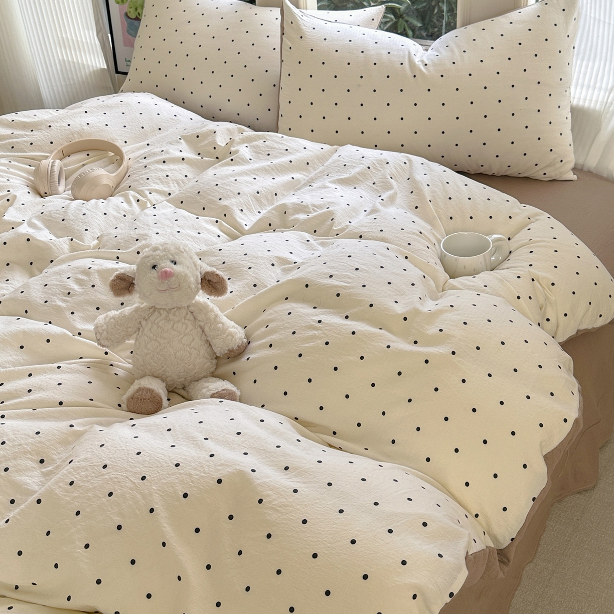 91家纺网 家纺一手货源 找家纺 桔禾家纺 2025新款小清新水洗棉有氧双层纱印花云感木棉皱皱纱四件套 小确幸