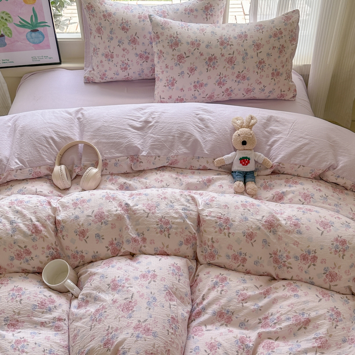 91家纺网 家纺一手货源 找家纺 桔禾家纺 2025新款小清新水洗棉有氧双层纱印花云感木棉皱皱纱四件套 芳华