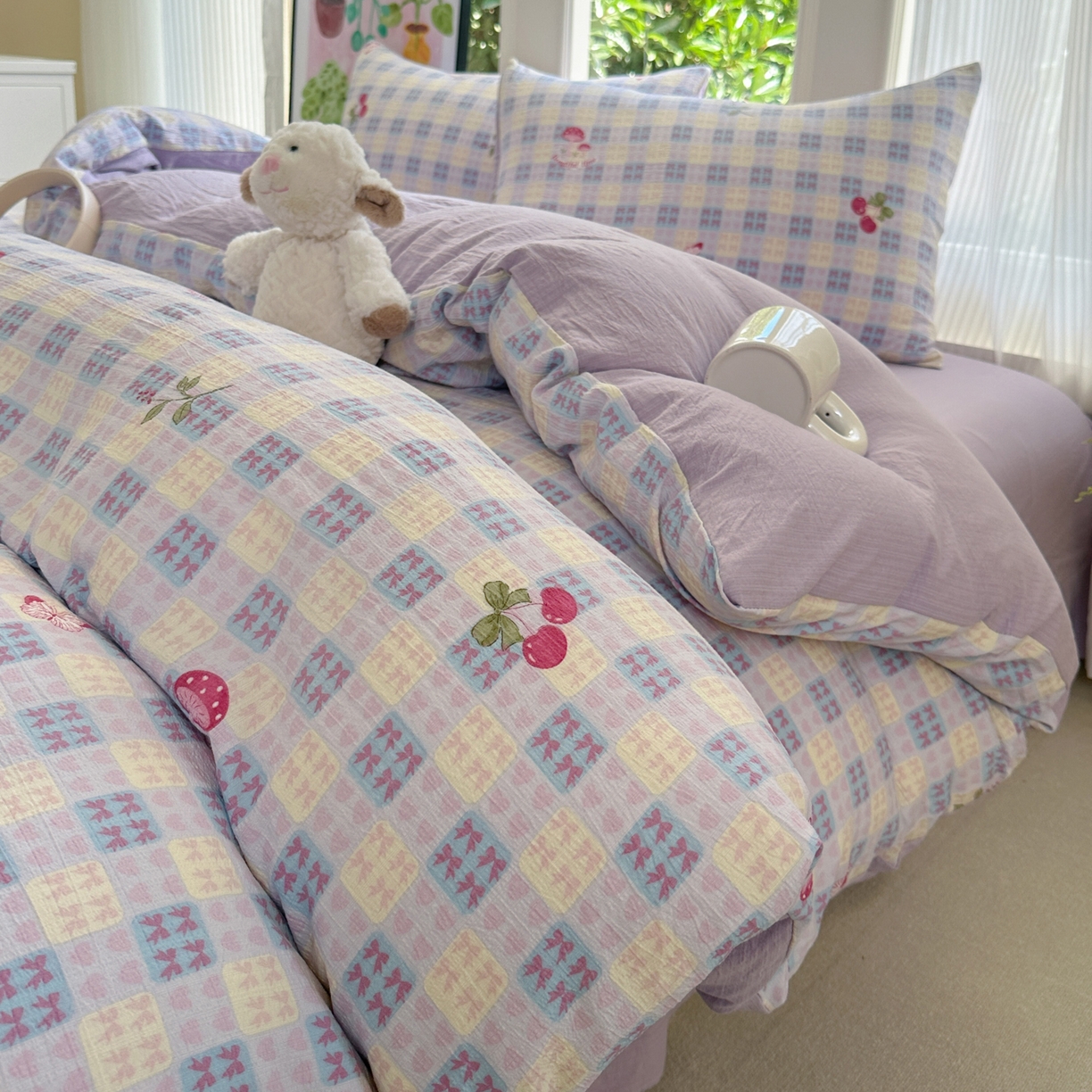 91家纺网 家纺一手货源 找家纺 桔禾家纺 2025新款小清新水洗棉有氧双层纱印花云感木棉皱皱纱四件套 樱桃紫