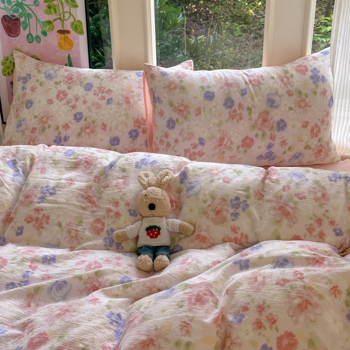 91家纺网 家纺一手货源 找家纺 桔禾家纺 2025新款小清新水洗棉有氧双层纱印花云感木棉皱皱纱四件套 春晓