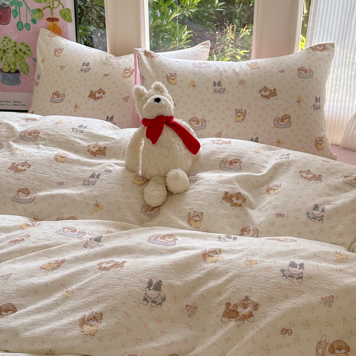 91家纺网 家纺一手货源 找家纺 桔禾家纺 2025新款小清新水洗棉有氧双层纱印花云感木棉皱皱纱四件套 萌宠格子铺