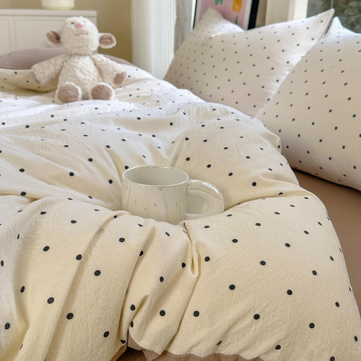 91家纺网 家纺一手货源 找家纺 桔禾家纺 2025新款小清新水洗棉有氧双层纱印花云感木棉皱皱纱四件套 小确幸