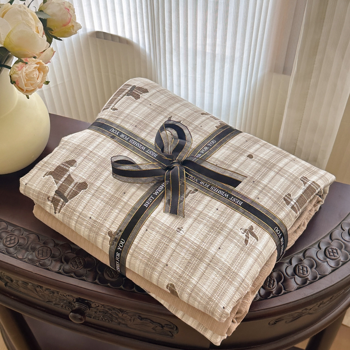 桔禾家纺 2025新款小清新水洗棉有氧双层纱印花云感木棉皱皱纱四件套 巧克力饼干