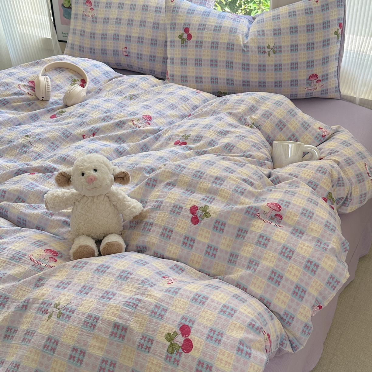 91家纺网 家纺一手货源 找家纺 桔禾家纺 2025新款小清新水洗棉有氧双层纱印花云感木棉皱皱纱四件套 樱桃紫