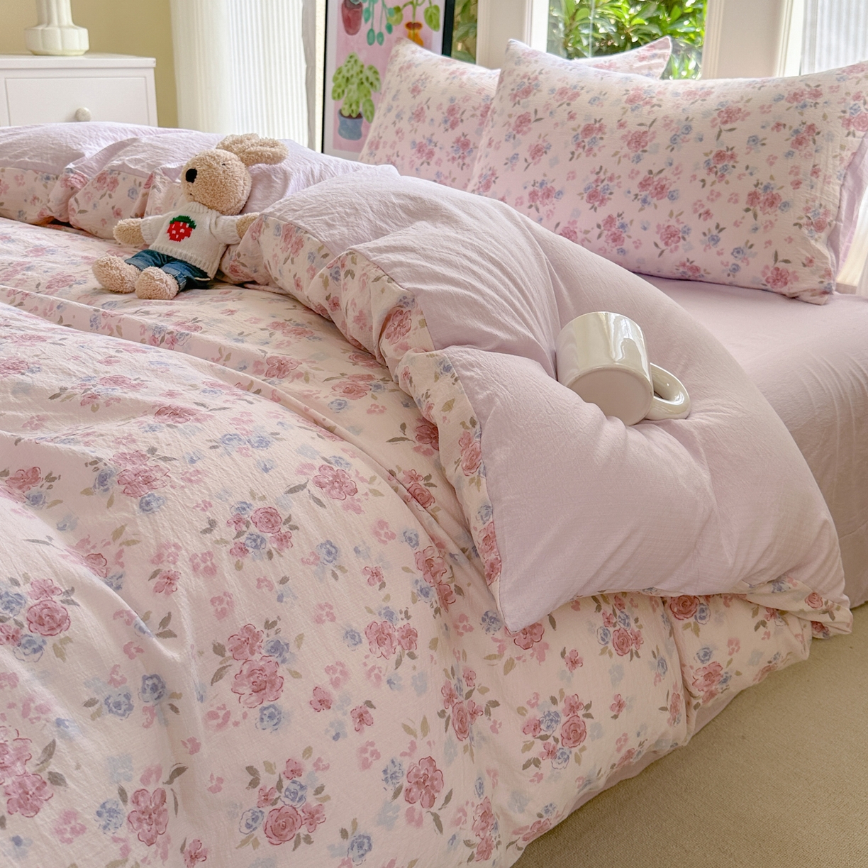 91家纺网 家纺一手货源 找家纺 桔禾家纺 2025新款小清新水洗棉有氧双层纱印花云感木棉皱皱纱四件套 芳华