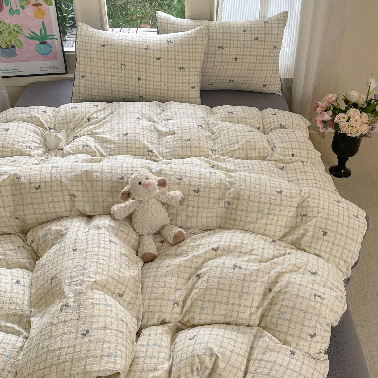 91家纺网 家纺一手货源 找家纺 桔禾家纺 2025新款小清新水洗棉有氧双层纱印花云感木棉皱皱纱四件套 蝶恋