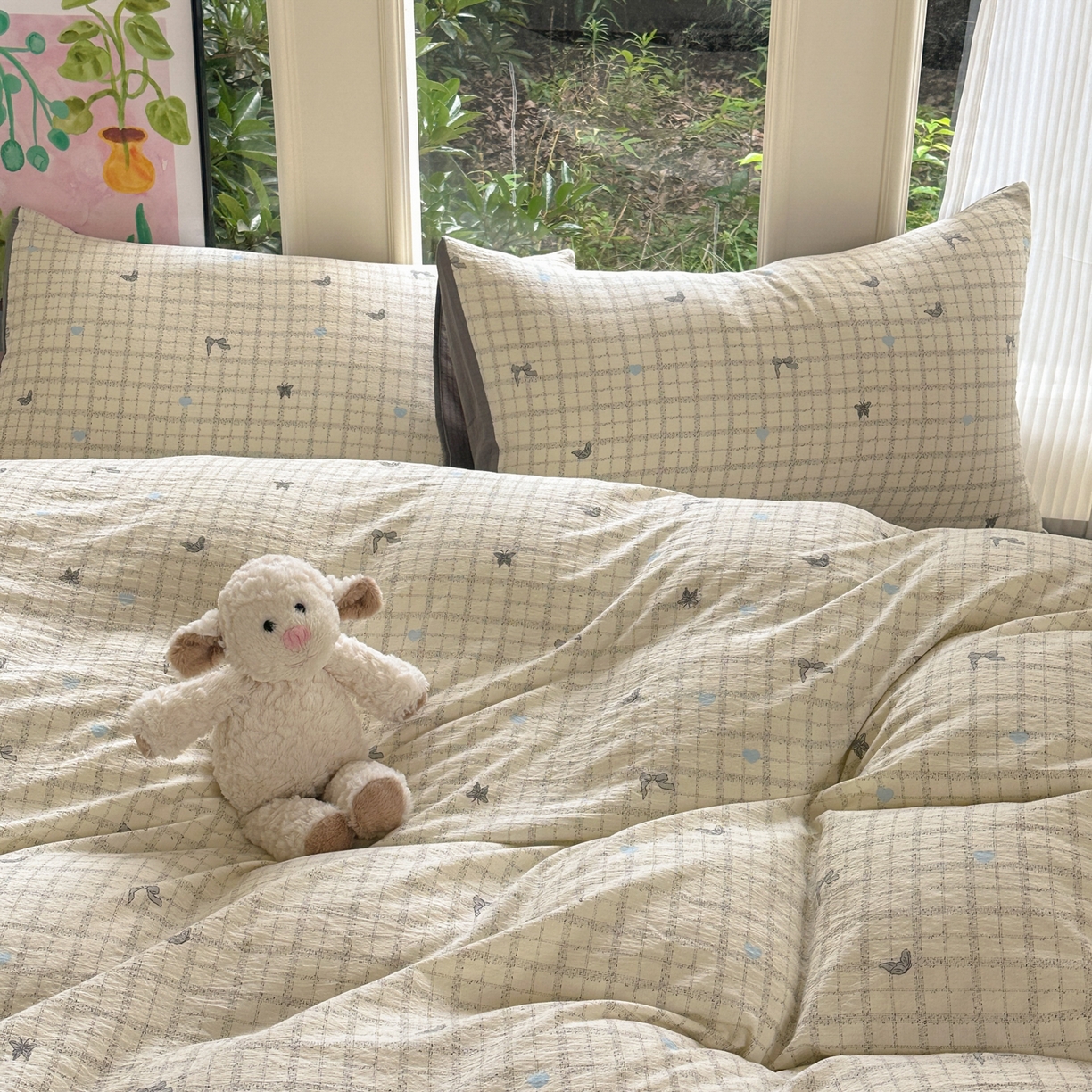 91家纺网 家纺一手货源 找家纺 桔禾家纺 2025新款小清新水洗棉有氧双层纱印花云感木棉皱皱纱四件套 蝶恋