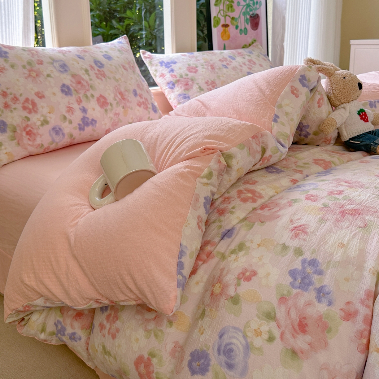 91家纺网 家纺一手货源 找家纺 桔禾家纺 2025新款小清新水洗棉有氧双层纱印花云感木棉皱皱纱四件套 春晓