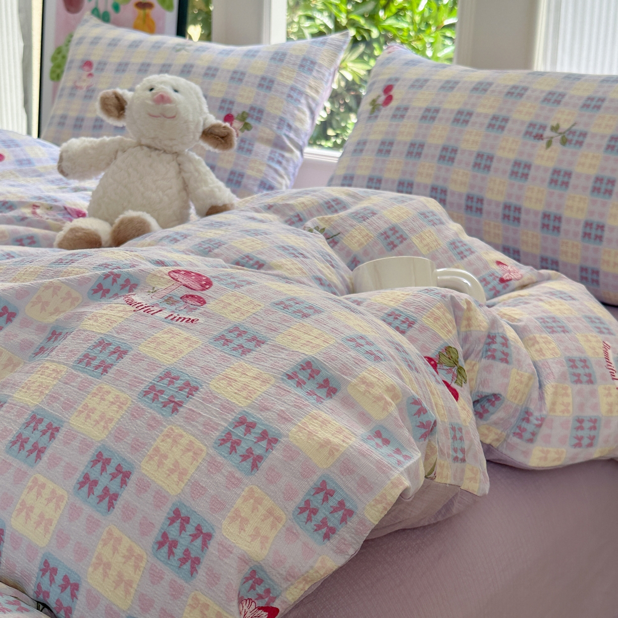 91家纺网 家纺一手货源 找家纺 桔禾家纺 2025新款小清新水洗棉有氧双层纱印花云感木棉皱皱纱四件套 樱桃紫