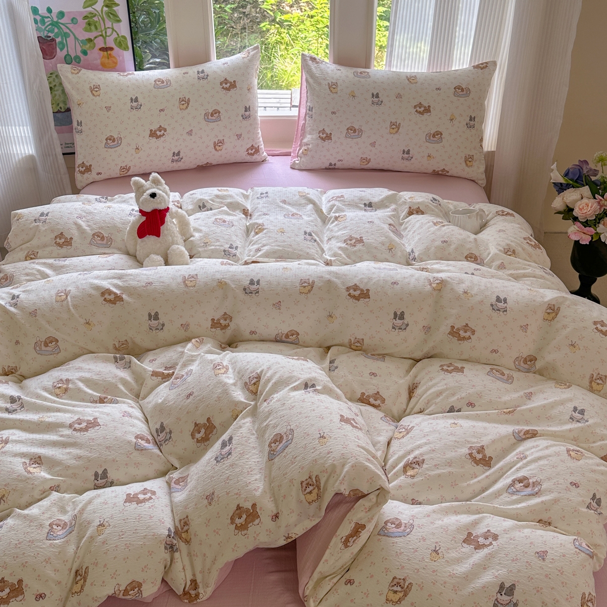 91家纺网 家纺一手货源 找家纺 桔禾家纺 2025新款小清新水洗棉有氧双层纱印花云感木棉皱皱纱四件套 萌宠格子铺