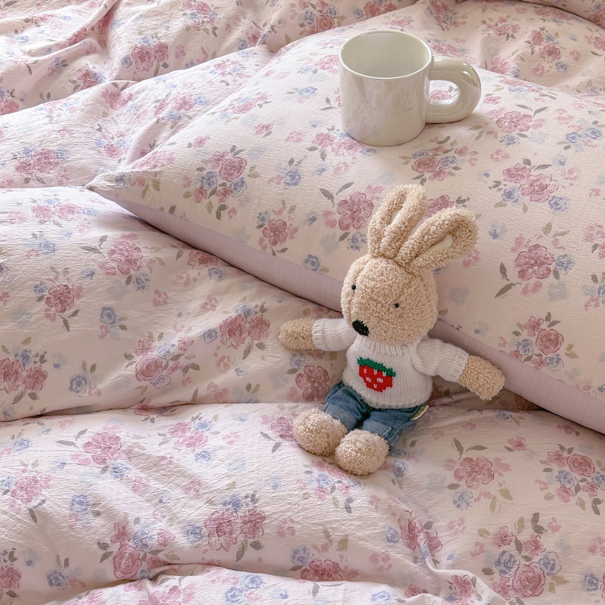 91家纺网 家纺一手货源 找家纺 桔禾家纺 2025新款小清新水洗棉有氧双层纱印花云感木棉皱皱纱四件套 芳华