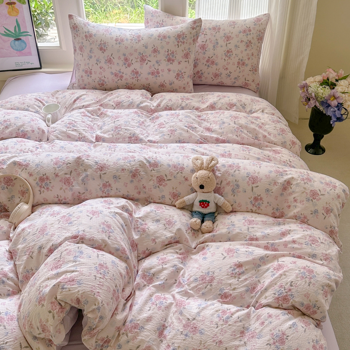 91家纺网 家纺一手货源 找家纺 桔禾家纺 2025新款小清新水洗棉有氧双层纱印花云感木棉皱皱纱四件套 芳华