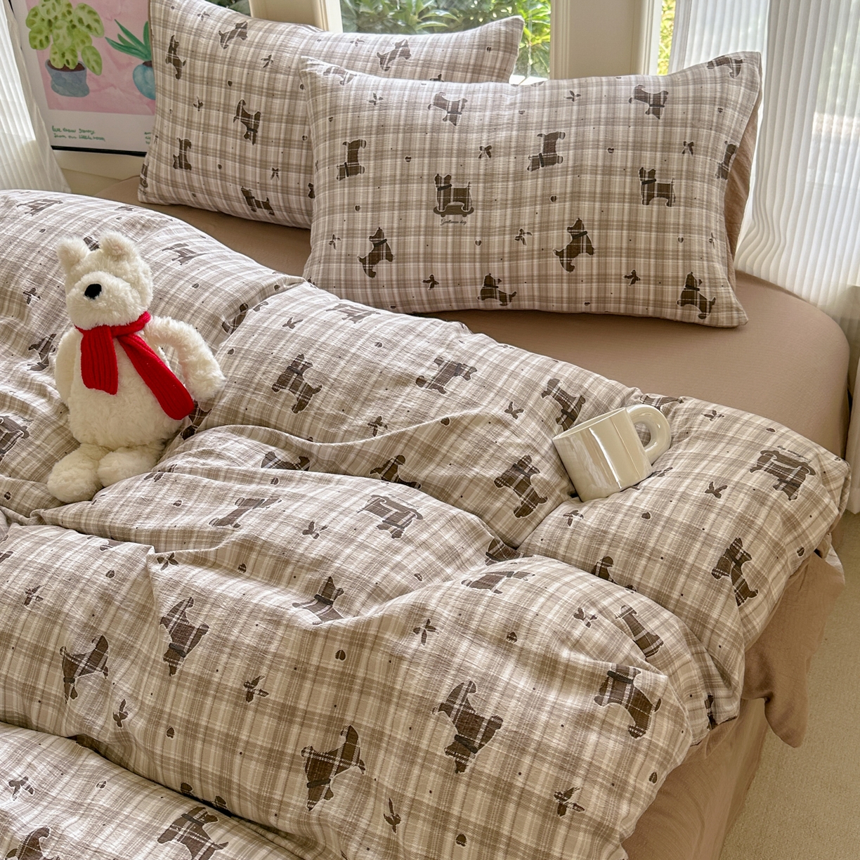 91家纺网 家纺一手货源 找家纺 桔禾家纺 2025新款小清新水洗棉有氧双层纱印花云感木棉皱皱纱四件套 巧克力饼干