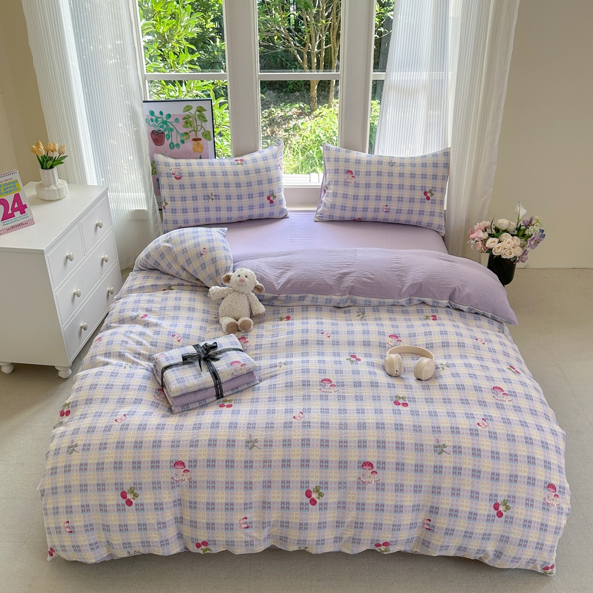 91家纺网 家纺一手货源 找家纺 桔禾家纺 2025新款小清新水洗棉有氧双层纱印花云感木棉皱皱纱四件套 樱桃紫