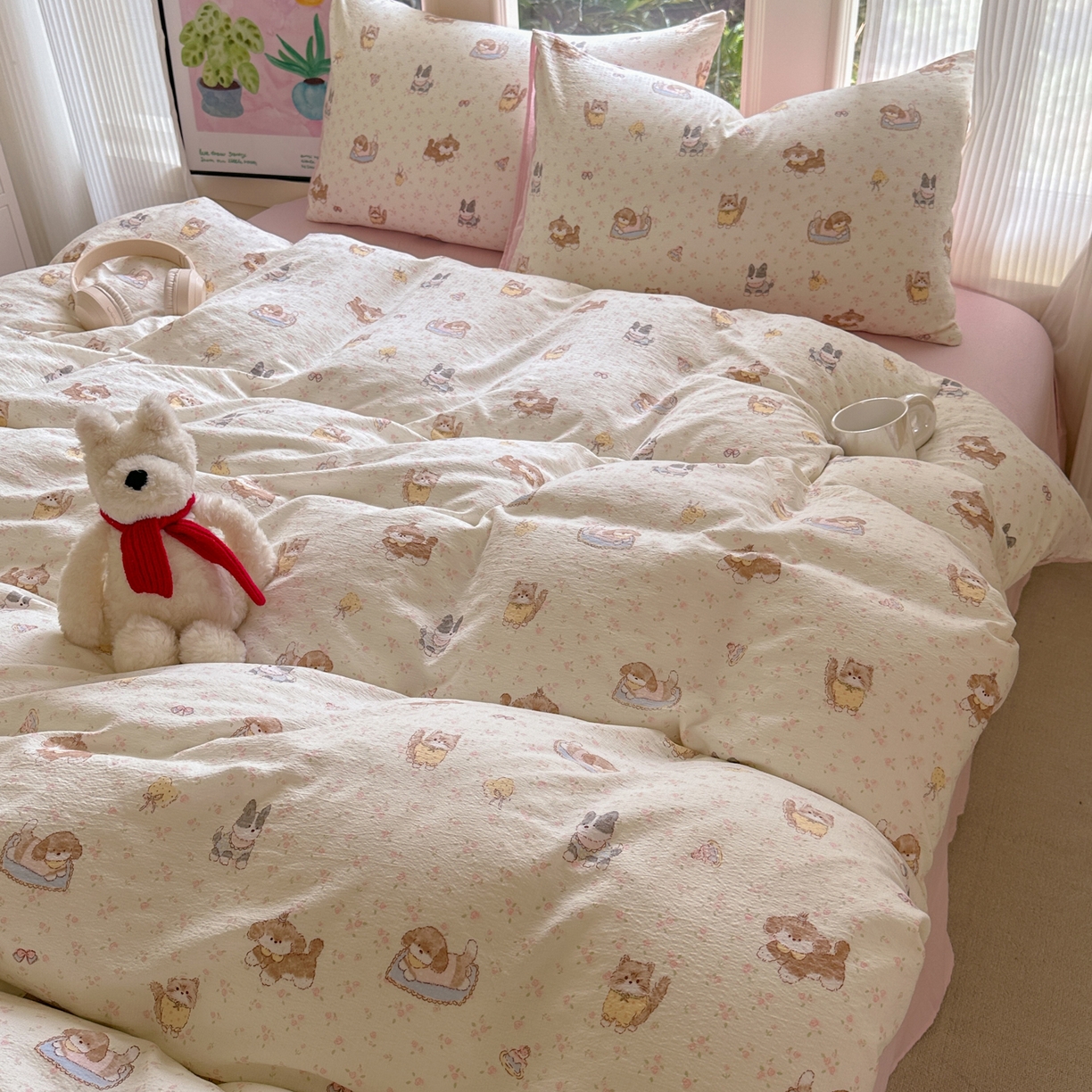 91家纺网 家纺一手货源 找家纺 桔禾家纺 2025新款小清新水洗棉有氧双层纱印花云感木棉皱皱纱四件套 萌宠格子铺