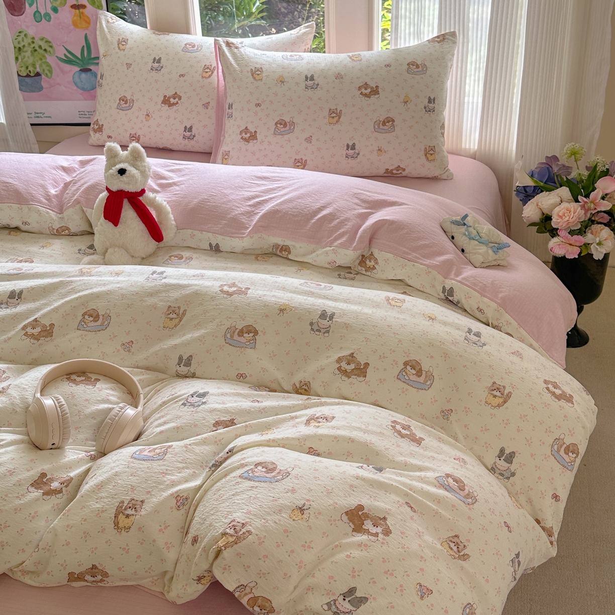 91家纺网 家纺一手货源 找家纺 桔禾家纺 2025新款小清新水洗棉有氧双层纱印花云感木棉皱皱纱四件套 萌宠格子铺