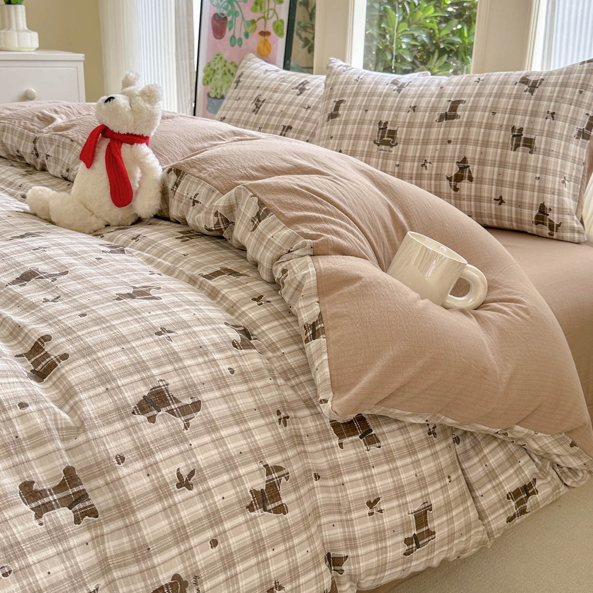 91家纺网 家纺一手货源 找家纺 桔禾家纺 2025新款小清新水洗棉有氧双层纱印花云感木棉皱皱纱四件套 巧克力饼干