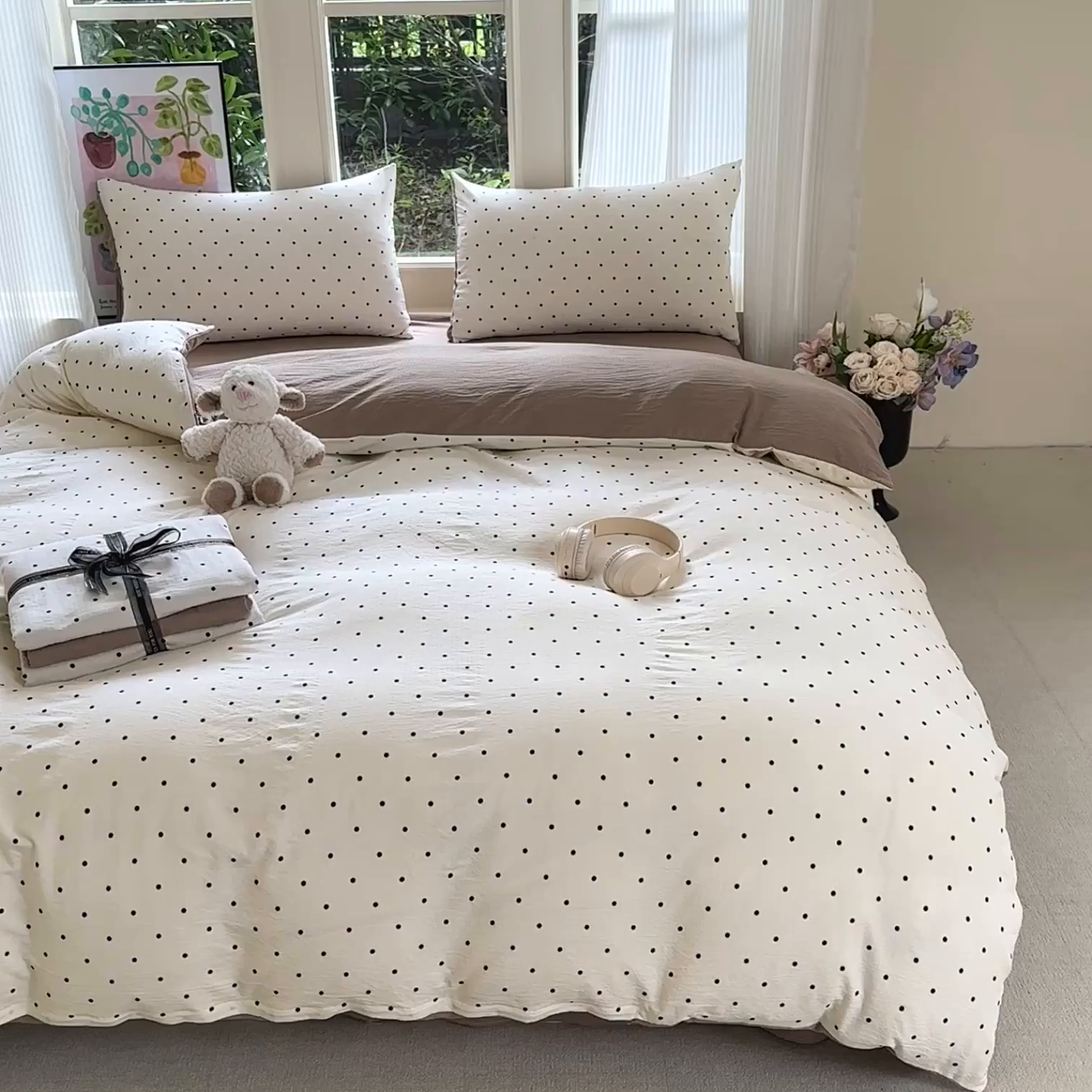 91家纺网 家纺一手货源 找家纺 桔禾家纺 2025新款小清新水洗棉有氧双层纱印花云感木棉皱皱纱四件套 小确幸