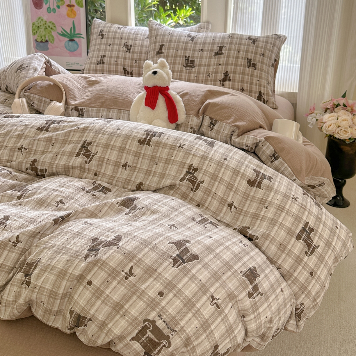 91家纺网 家纺一手货源 找家纺 桔禾家纺 2025新款小清新水洗棉有氧双层纱印花云感木棉皱皱纱四件套 巧克力饼干