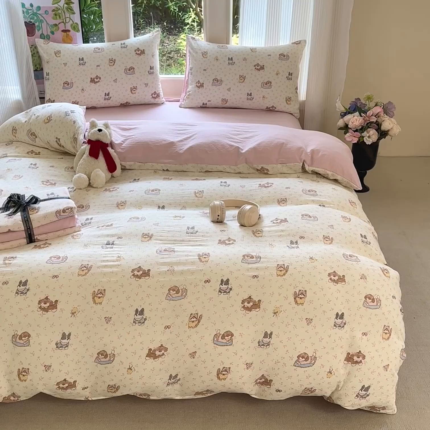 91家纺网 家纺一手货源 找家纺 桔禾家纺 2025新款小清新水洗棉有氧双层纱印花云感木棉皱皱纱四件套 萌宠格子铺