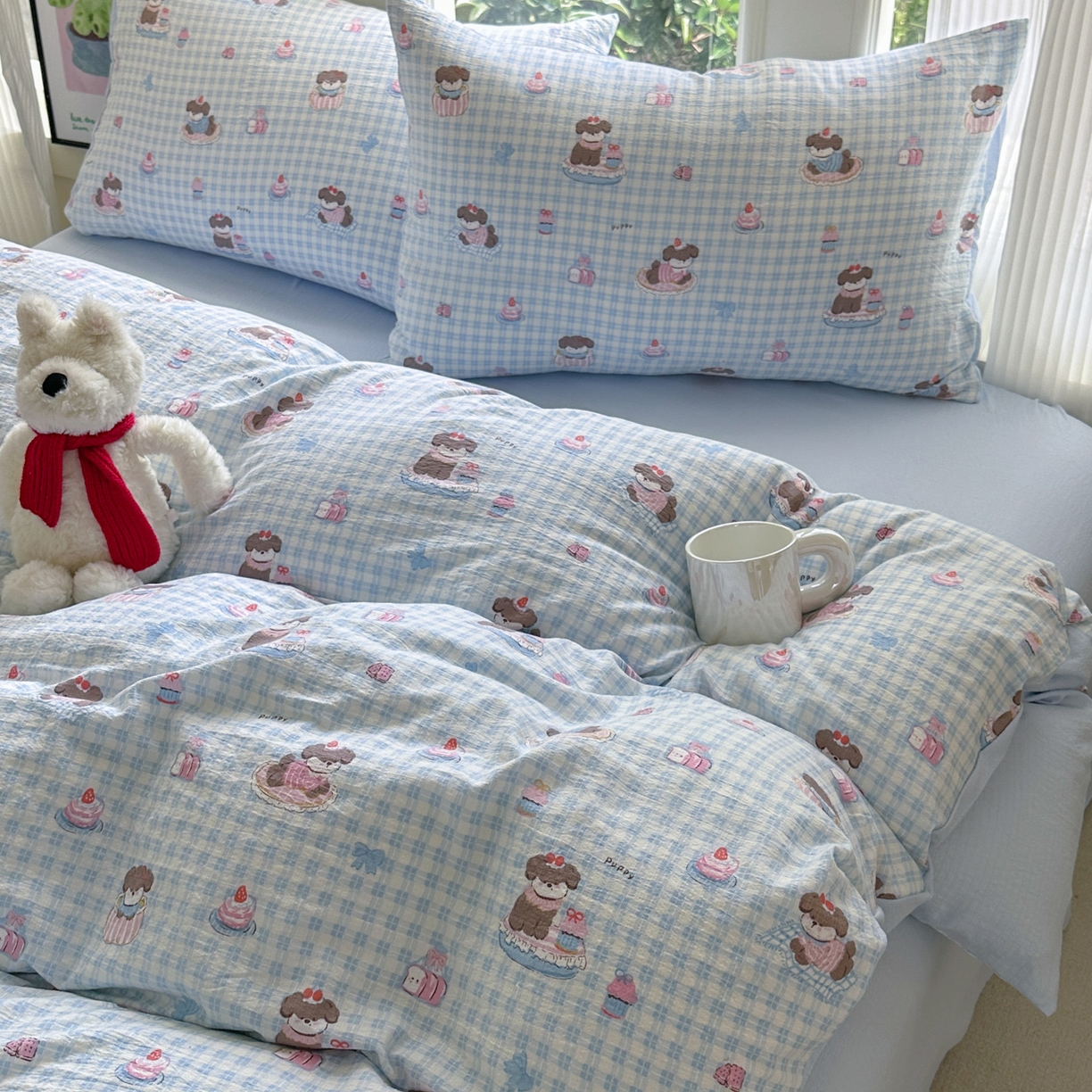 91家纺网 家纺一手货源 找家纺 桔禾家纺 2025新款小清新水洗棉有氧双层纱印花云感木棉皱皱纱四件套 蛋糕小狗